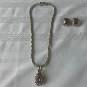Vintage '70s Necklace & Earrings, Amethyst Colored Stone Silver